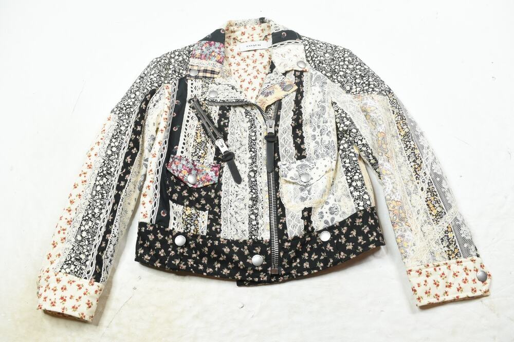 COACH Moto Prairie Jacket Womens 00 Patchwork Floral Long Sleeve Assymetrical